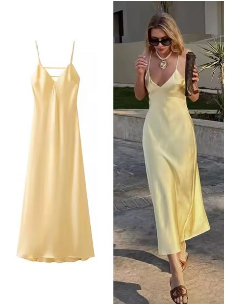 Women Summer Yellow Stain V Neck Sling Dress Elegant Sleeveless Loose Maxi Robes 2025 New Ladies Party Holiday Dresses