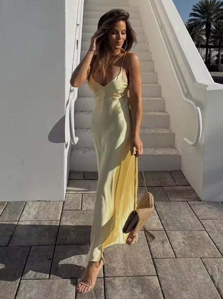 Women Summer Yellow Stain V Neck Sling Dress Elegant Sleeveless Loose Maxi Robes 2025 New Ladies Party Holiday Dresses
